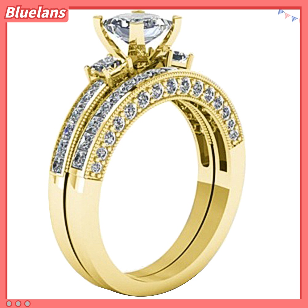 2pcs / Set Cincin Stacking Berlian Imitasi Model Princess Cut Untuk Wanita