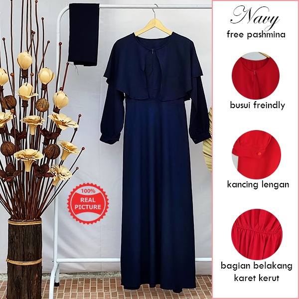 Gamis Syari Wanita Wolly Crepe Terbaru Terusan Aksen Layer Depan Belakang Busui Friendly Maxi Cewek Remaja Muslimah Modis Free Pashmina