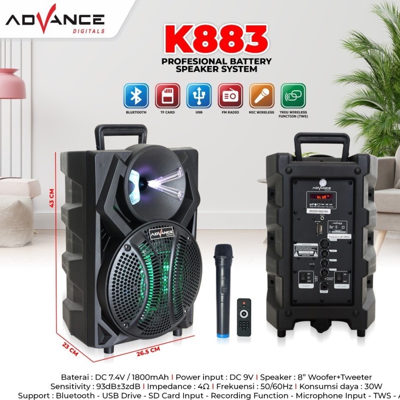Jual Speaker Aktif Portable Advance K883 8 inch Bluetooth Mic Wireless