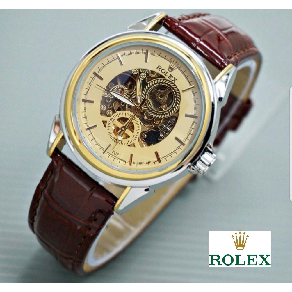 (COD) JAM TANGAN OTOMATIS PRIA KULIT ROLEX FULL SET