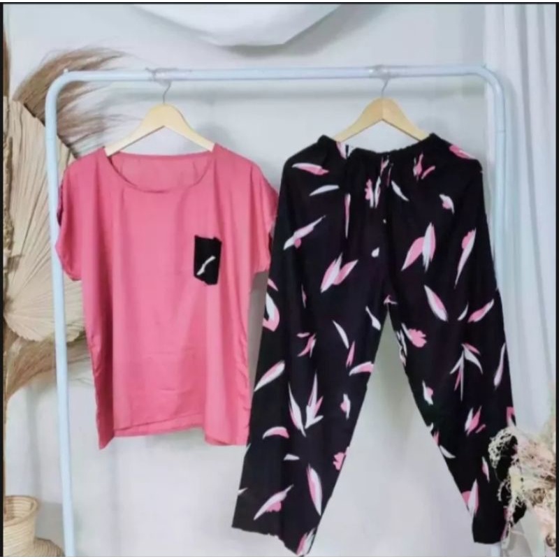 Baju Setelan Wanita Rayon Jumbo Motif Kombinasi Terbaru Kekinian // Piyama Rayon // 1set Baju Tidur 