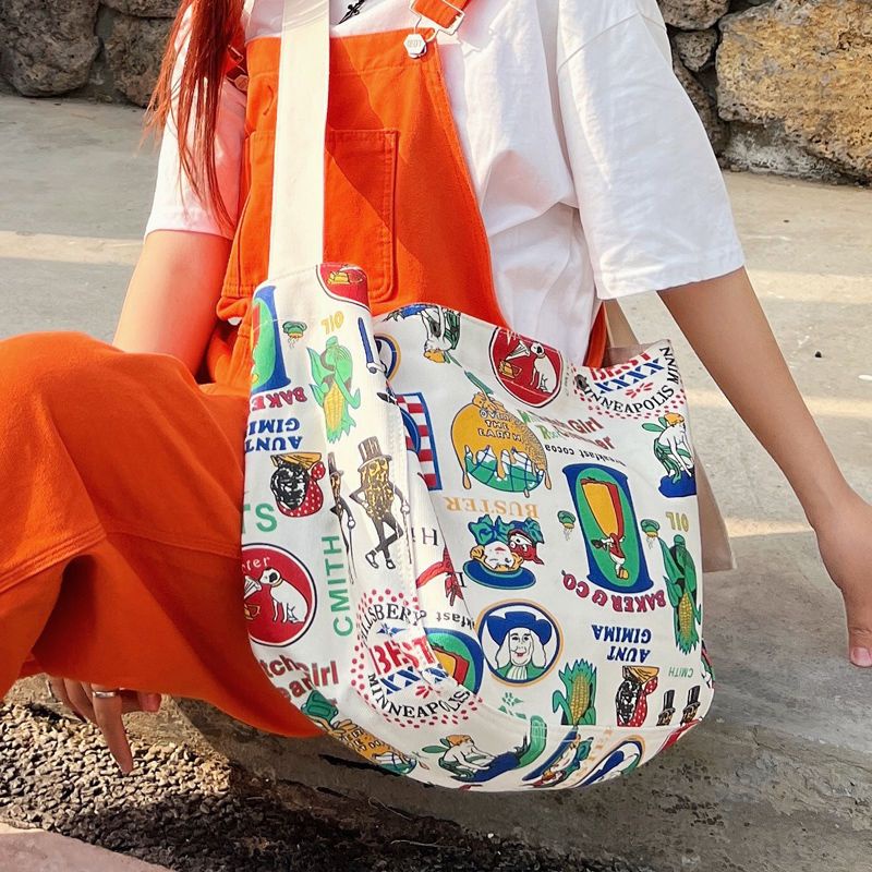 Sear ❈♗Graffiti print bag wanita 2022 musim panas gaya baru sastra tas kanvas berkapasitas besar kelas komuter tas bahu messenger bag