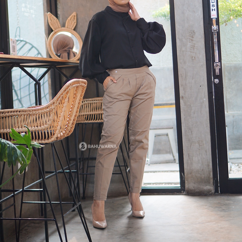 Celana Kerja Wanita Bahan Katun Stretch Slim fit Hitam Abu-abu Crem Nude