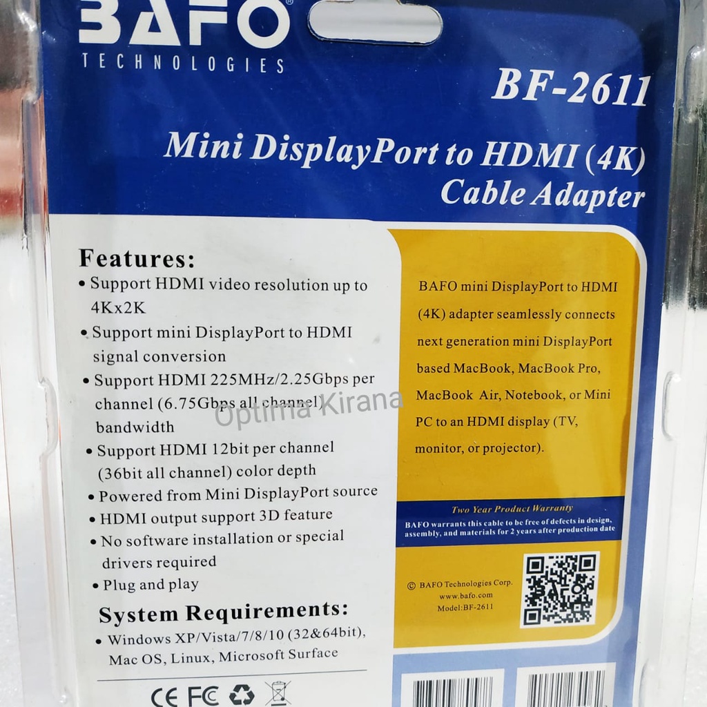 Kabel Mini DP to HDMI 4K 3D Bafo BF-2611 Displayport Converter ThunderBolt Macbook