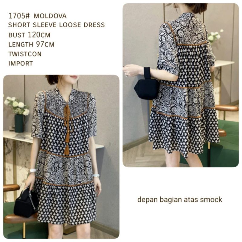 1705 Fashion baju mini dress lengan pendek smok tali rempel motif mewah ringan simpel adem nyaman pe