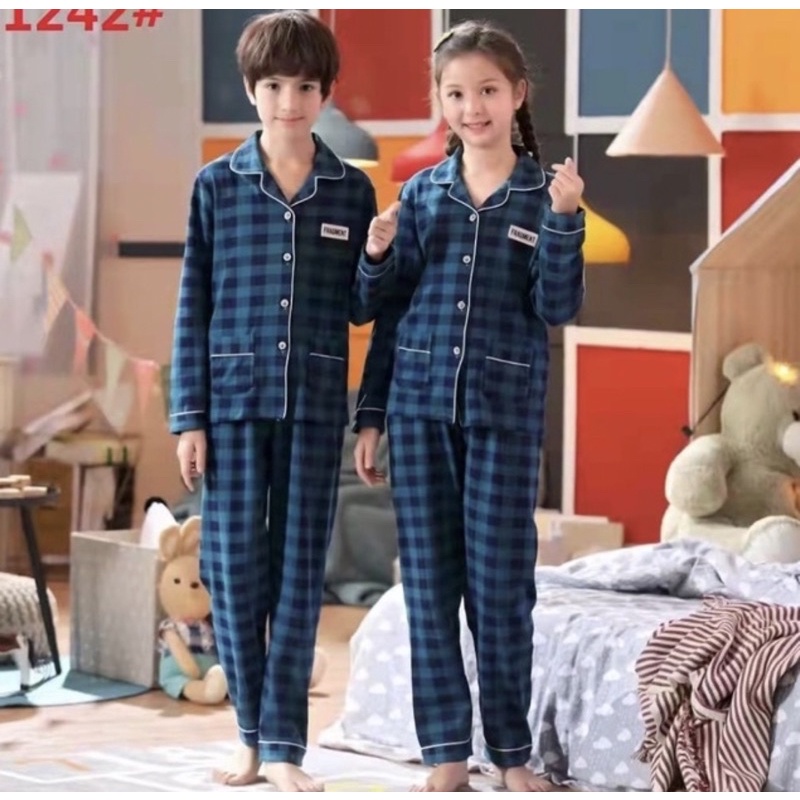 BAJU TIDUR ANAK BALITA UNISEX MOTIF KANCING 2-10THN NEW SET CELANA