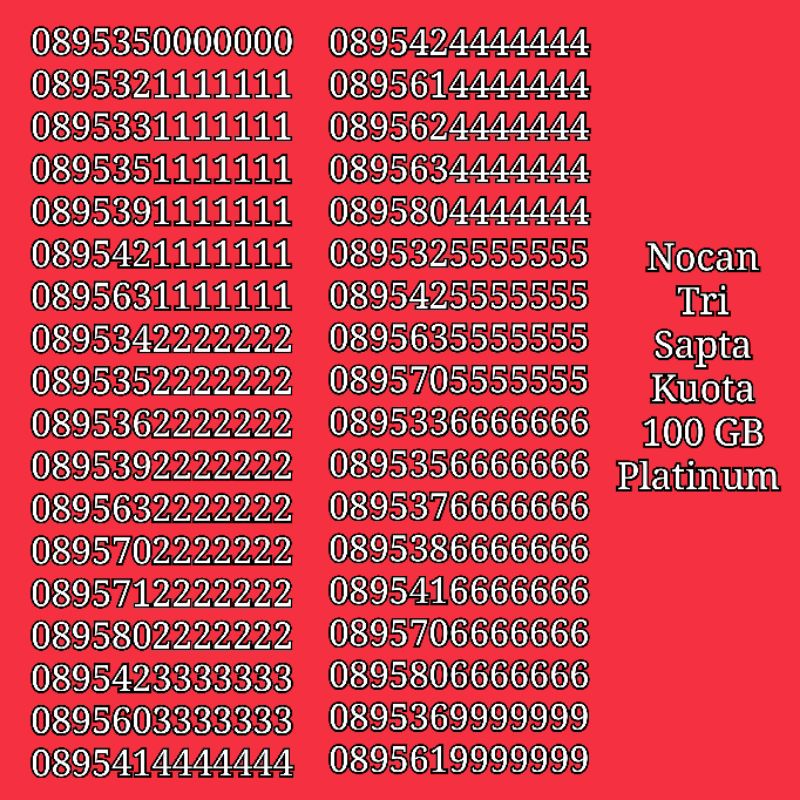 Nomor Cantik Nocan Sapta Kartu Perdana Tri Three 4G LTE Kuota 100GB Platinum