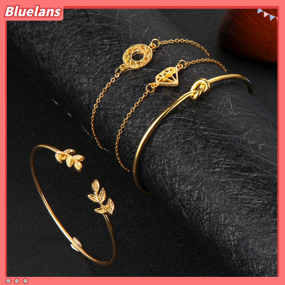 4pcs / Set Gelang Bangle Model Terbuka Bentuk Daun Simpul Berlian Gaya Retro Untuk Wanita
