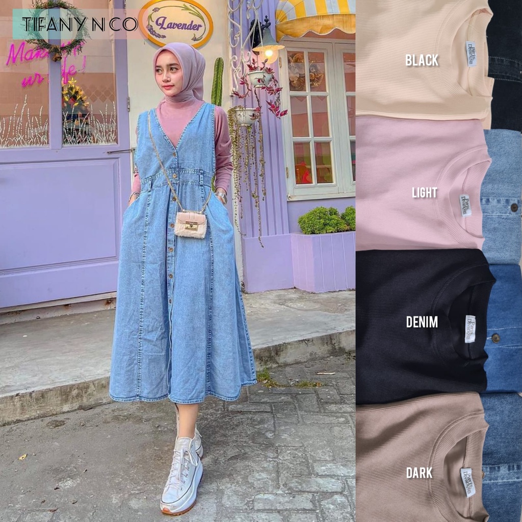 Parisdivarious Tifan Overall Bahan Denim Kombinasi Knit Ld 110 Cm Fit XXL