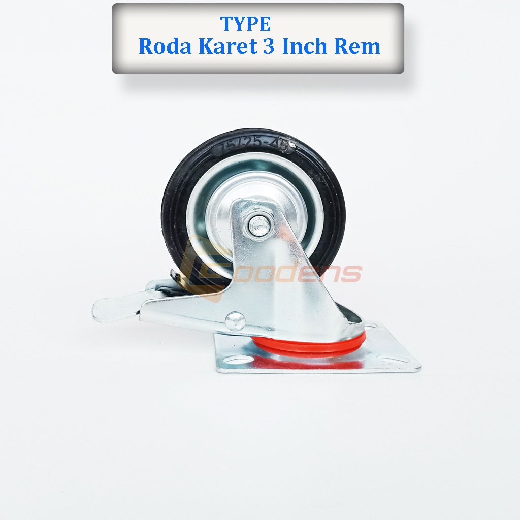 Roda Karet 3 Inch Rem Roda Caster Roda Gepeng