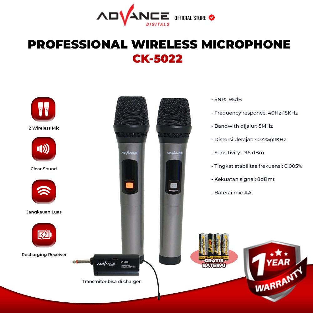 Double Mic Wireless Profesional Microphone tanpa kabel Advance CK-5022 (isi 2 mic) | Advance Mic Ck 5022 Microphone Profesional Wireless Dual 2 Mic Duet Keren | FMS
