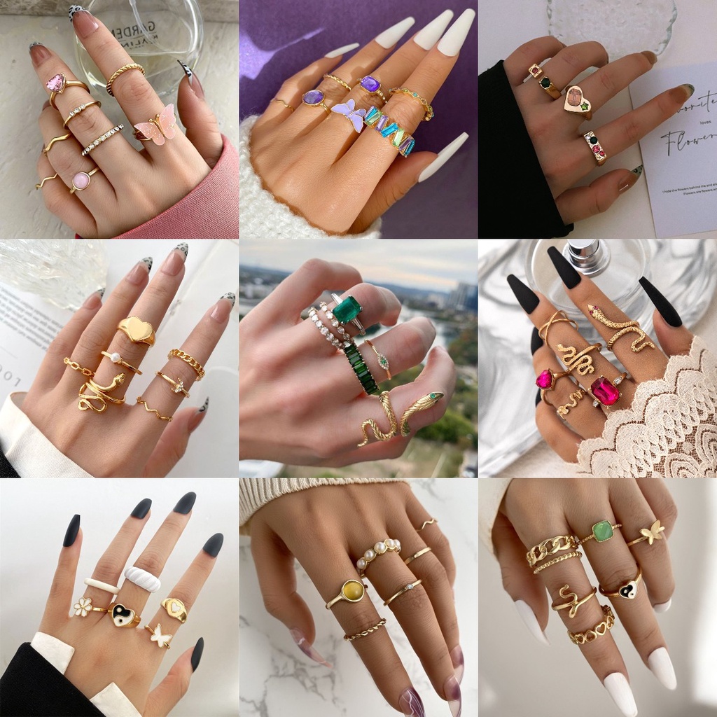 Set Cincin Desain Kupu-Kupu Aksen Berlian Imitasi Warna Ungu Gaya Vintage Bohemia Untuk Wanita