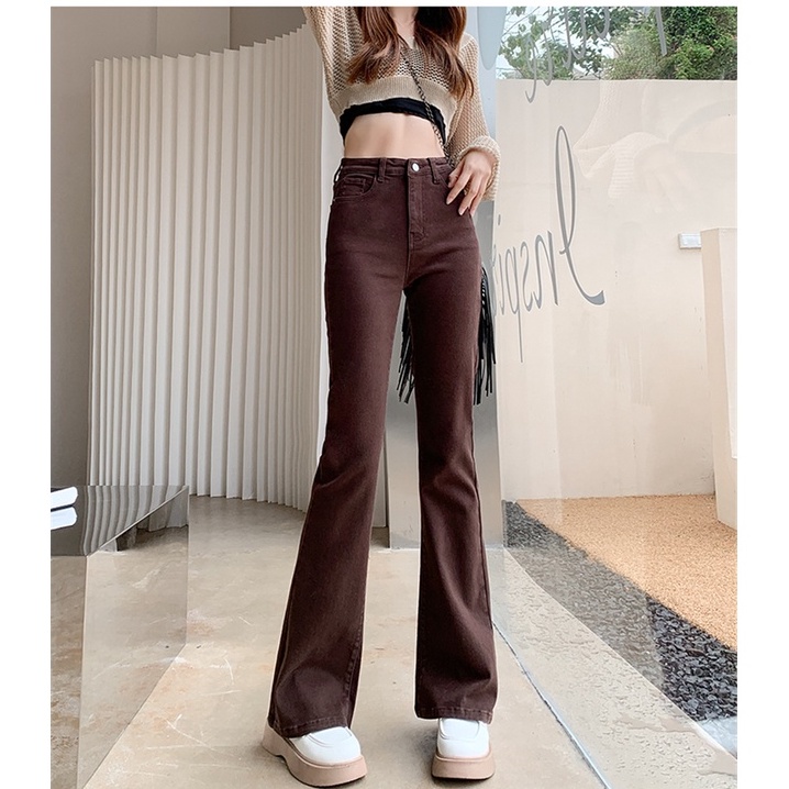 New coklat high waist murah stretch celana jeans panjang wanita