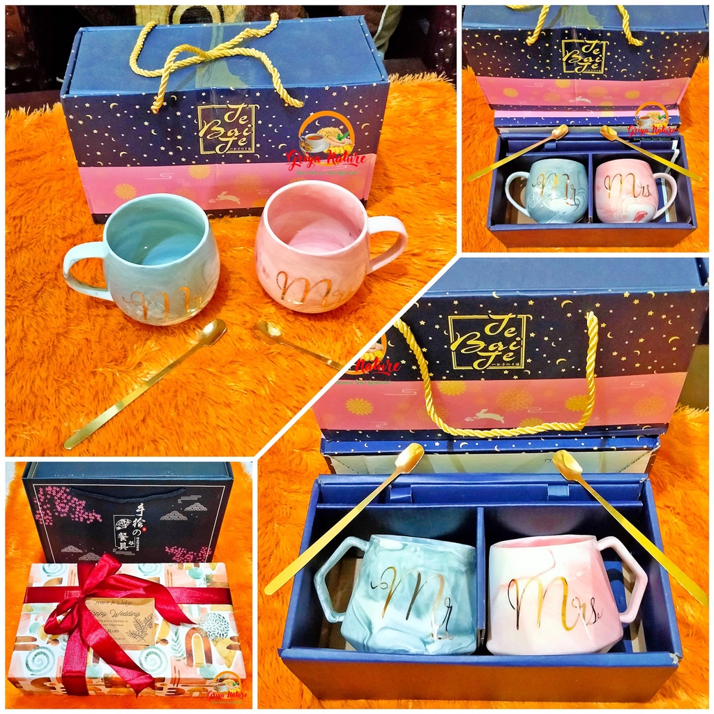 [COD] Kado Pernikahan / Mug Couple Keramik + FREE Sendok Korea Cangkir Pasangan Set 2 in 1 | Wedding