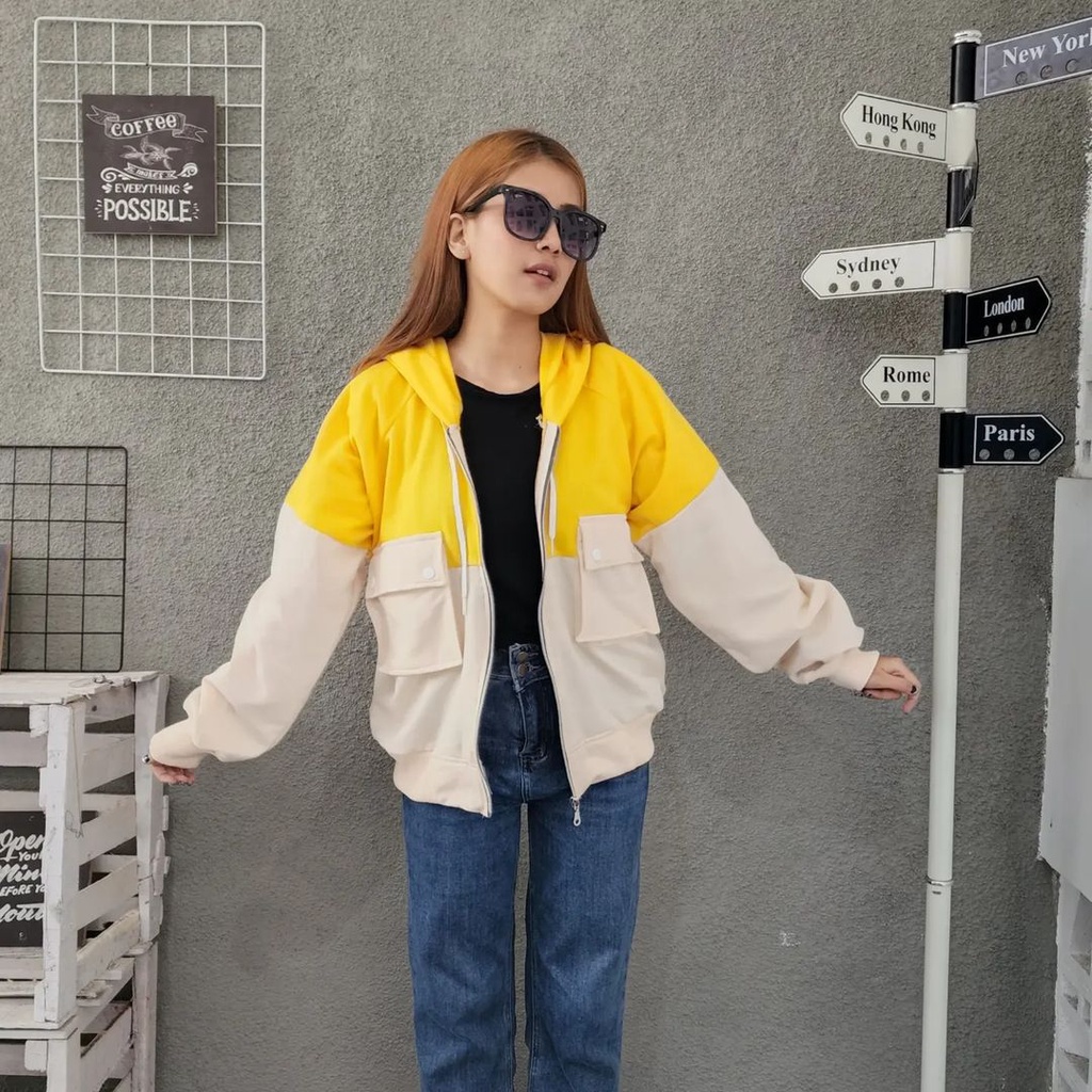 TWO TONE POCKY Jacket Sweater Wanita Oversize Hoodie Zipper Pakaian Terbaru Fashion Terkini Korean Style Kasual Street Style