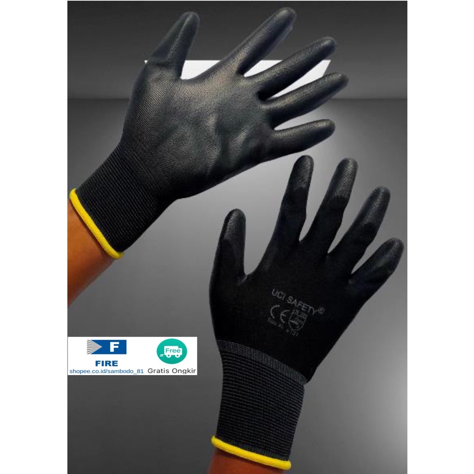 Sarung Tangan Bagunan Coating Karet Pengaman kerja Packing PU Statis Multitask Karet Palm Fit Ukuran S,M, L, XL Proyek Satpam Anti Slip Hitam Black Hand Gloves Mekanik Montir