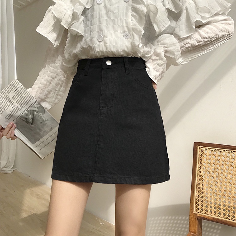 Rok Denim Hitam Rok High Waist Wanita Tipe Korea A-Line Rok Jean Rok Pendek