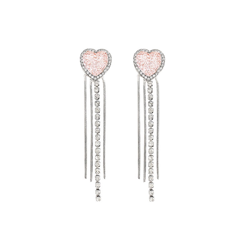 Anting Stud 925 silver needle Model Rumbai Panjang Bentuk Hati Warna Pink Untuk Wanita