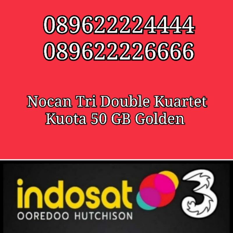 NOCAN Nomor Cantik Double Kuartet AAAABBBB Kartu Perdana 3 Tri Three 4G LTE Kuota 50GBGolden
