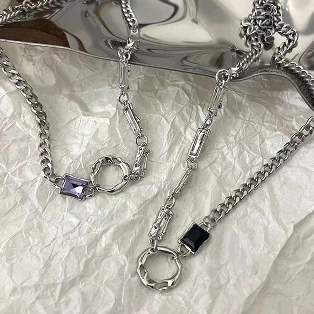 Kalung Choker Rantai Klavikula Warna Silver Bahan Logam Tebal Bentuk Persegi Bulat Gaya Punk Boho Untuk Wanita