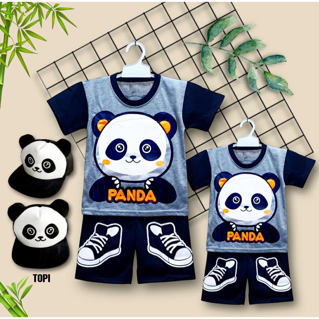 SETELAN BAJU ANAK PANDA PENDEK FREE TOPI / BAJU ANAK PANDA FREE TOPI