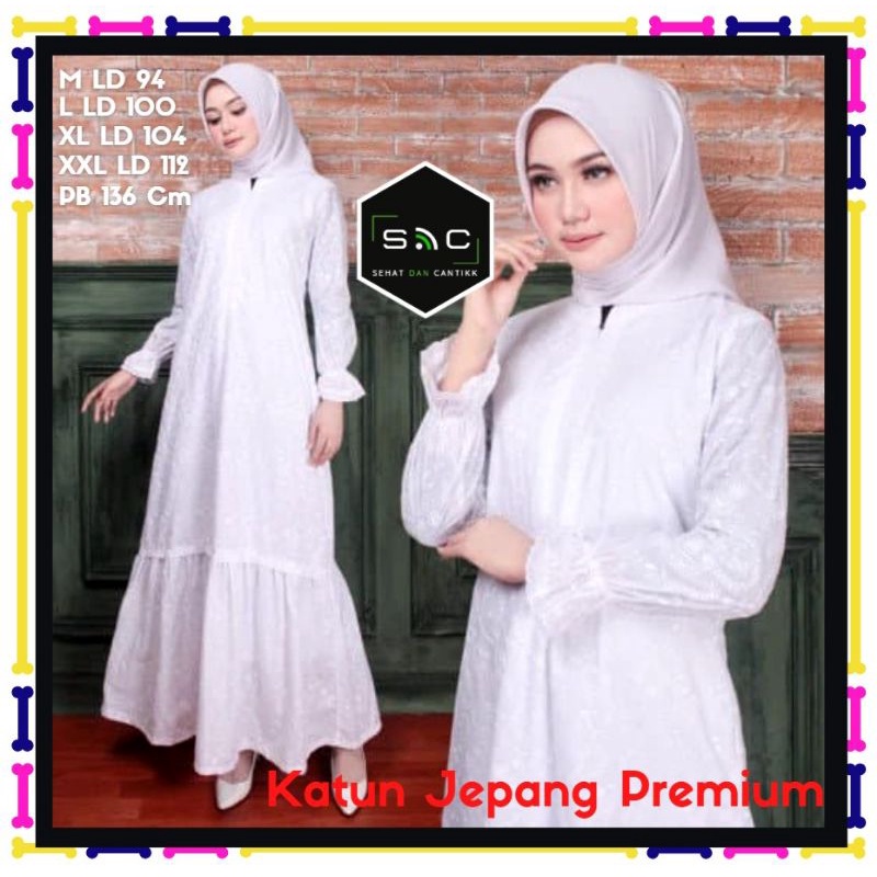 Baju Gamis Putih Polos Katun Jepang Motif Bordir Timbul Aplikasi Renda Rempel Bawah Tangan Karet M L