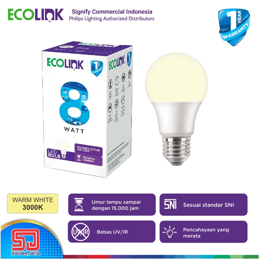 ECOLINK Lampu 8W LED 8Watt Bulb Bohlam 8 Watt - 3000K Warm White Kuning Cerah