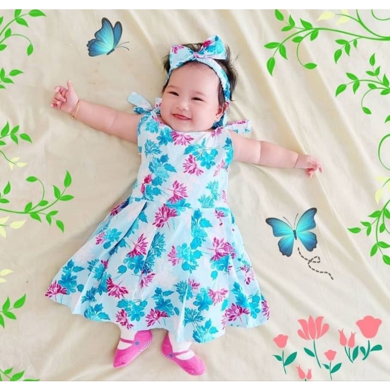 (Harga Ecer) Dress tali pundak bonus headband / bandana, bisa pilih motif,  untuk balita