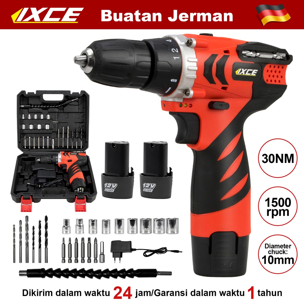 IXCE bor listrik Bor tanpa kabel 12V Isi ulang 30NM 1500rpm Pegangan anti selip Kit alat Battery impact drill Impact Cordless Electric Drill