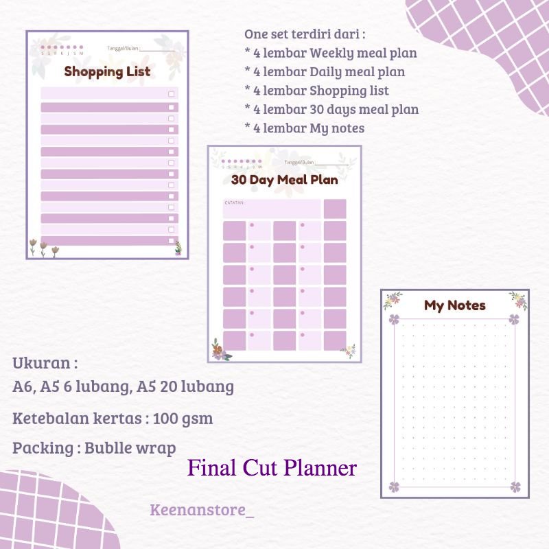 

Isi binder MEAL PLAN ukuran A6 dan A5 (Min belanja 10K) .