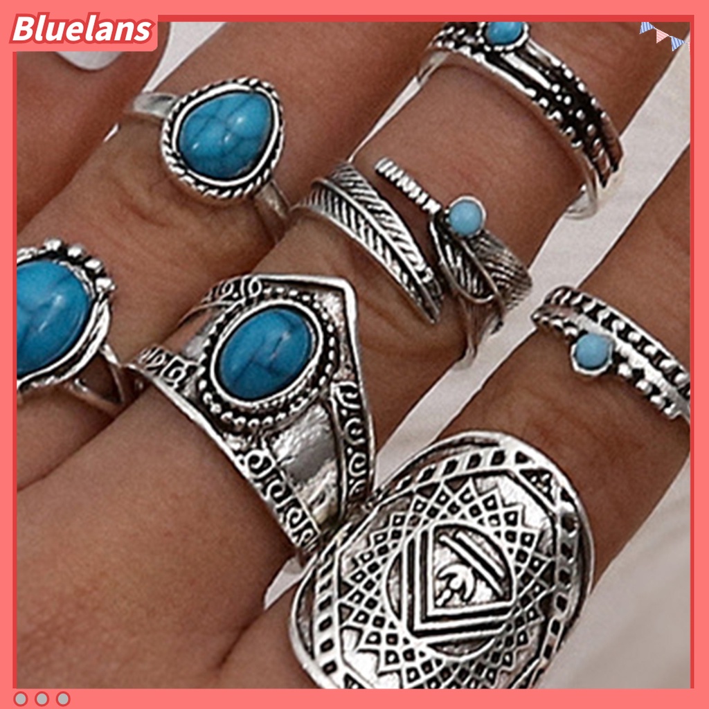 Bluelans 8Pcs Cincin Knuckle Desain Daun Hias Turquoise Imitasi Gaya Bohemian Untuk Pria / Wanita