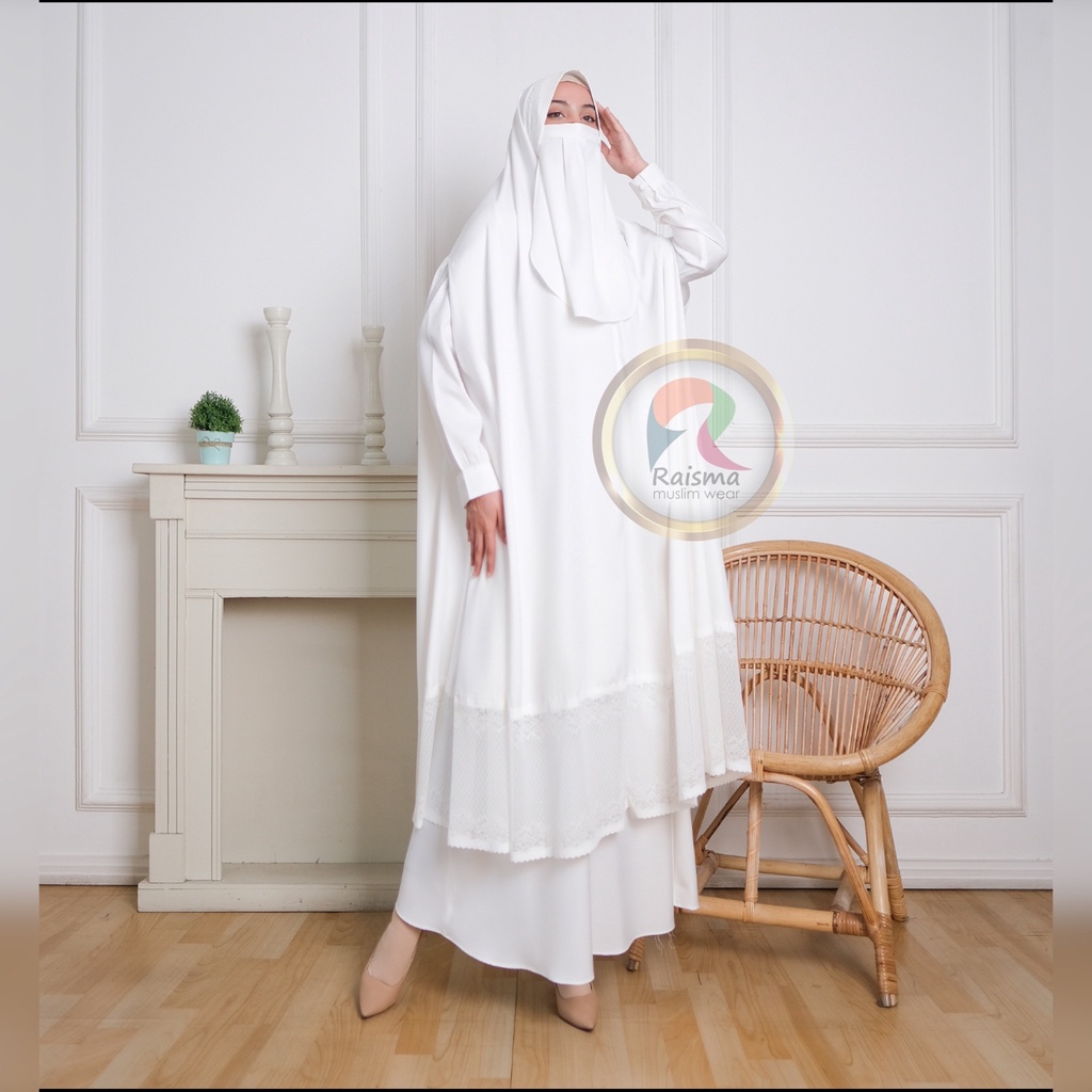 Gamis Syar'I Umroh Set Jilbab Instan Premium Bahan Anti Uv Khairimah Renda Non Renda Terlaris