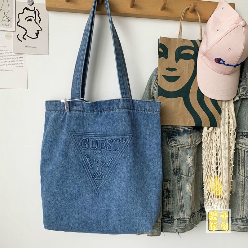 pocket bag tas bahan jeans tas foldable tas wanita kecil importtote bag korea tote bag kuliah ☋✸Sera Japanese GUESS original denim tote canvas bag simple and serbaguna sastra one-shoulder handheld trendi tas keren untuk pria dan wanita