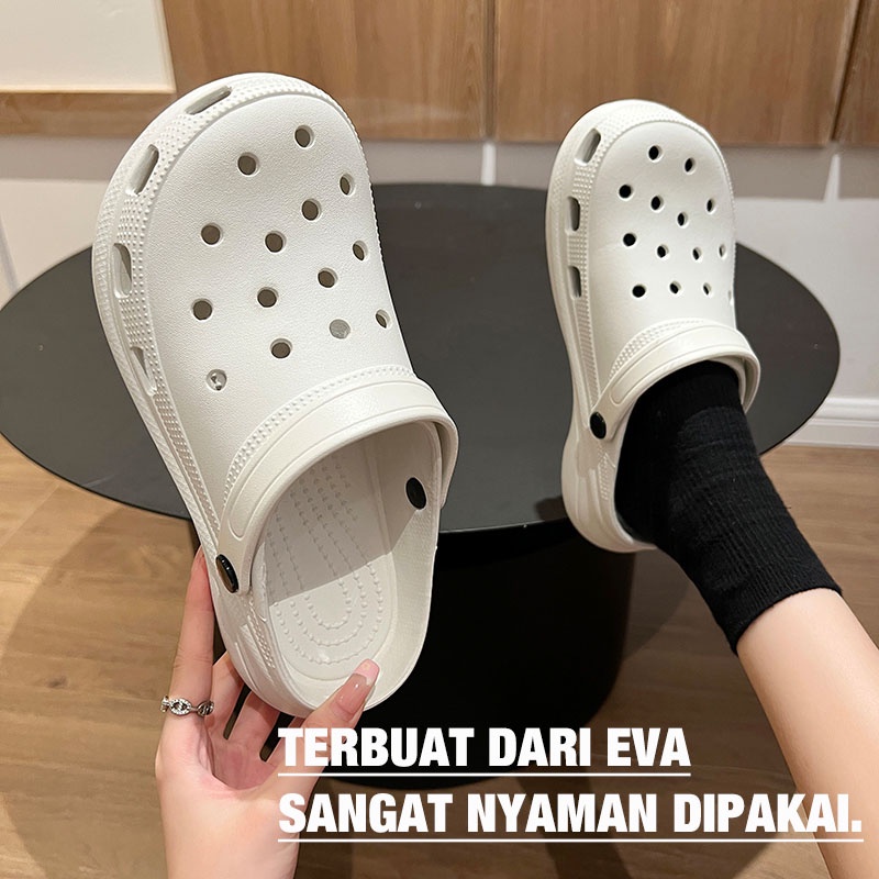 Sandal Baim Wanita Sandal Crocs selop Import Nyaman Unik Sendal Perempuan Cantik Lucu Aneka Warna Kubang Lubang Karet Rubber Elastis Anti Slip Jibbitz Wedges Platform - Size 36 - 40