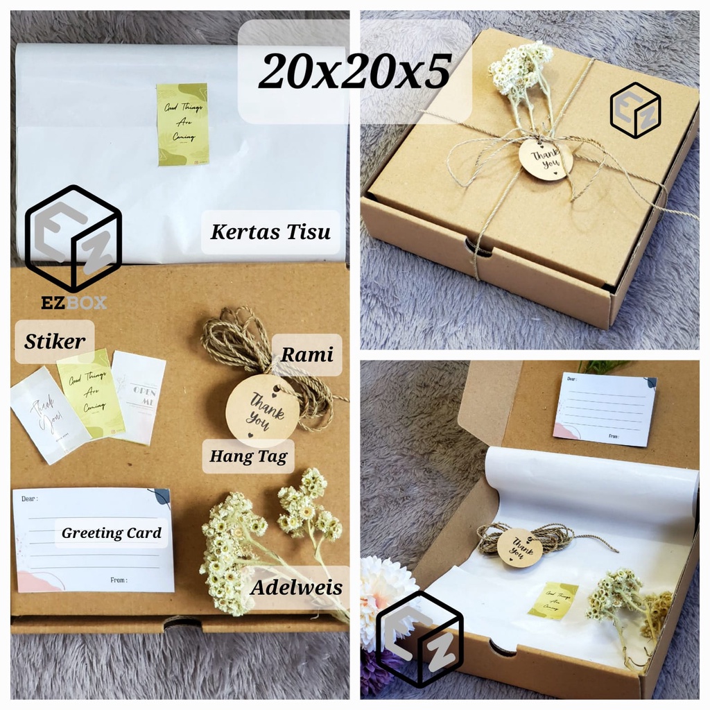 

(20x20x5) Paket Carrugated/Giftbox/Rustic/Kotak Kado Cantik/Kotak Hampers (20x20x5)/Kotak Kado Murah/Kotak Kado