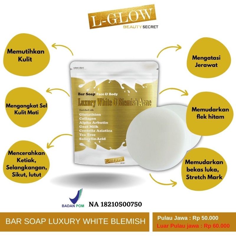 LGLOW BEAUTY BAR SOAP LUXURY WHITE BLEMISH ACNE AHA SABUN PEMUTIH BY L GLOW REFLISKIN