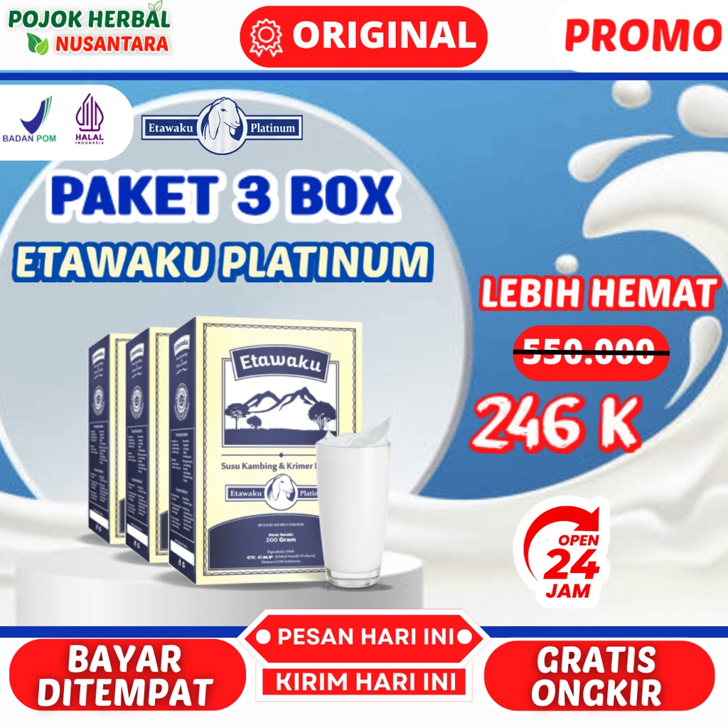 

Paket 3 Box Susu Etawaku Platinum |Susu Kesehatan| Susu Kambing Segar Etawa Bubuk Krimer Nabati Atasi Masalah Pernafasan Asma Bronkitis Sesek Napas usu Kambing Etawa Tinggi Kalsium | Susu Terapi | Susu Kambing Etawa Tinggi Kalsium