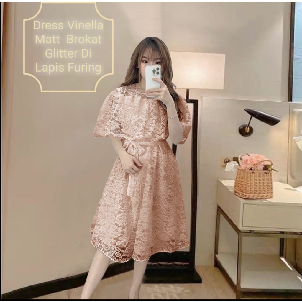 Dress Wanita Midi Kekinian Terbaru Kondangan/Pesta Matt Brokat Glitter Murah Berkualitas/Dress Vinella Size L-XL/Dress Natal Wanita Remaja Terbaru