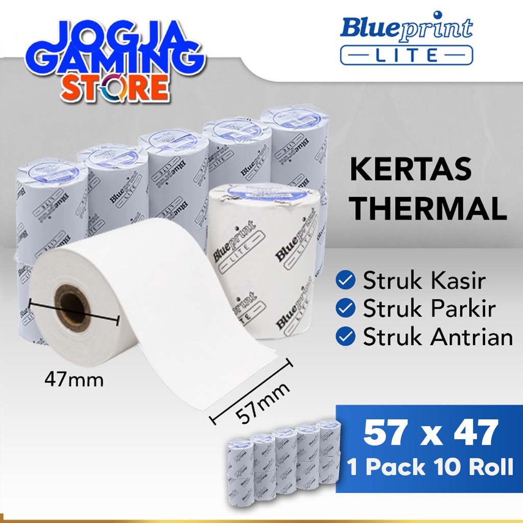 

KERTAS THERMAL KASIR PARKIR ANTRIAN PPOB MURAH BLUEPRINT LITE 57x47 57x48 58x47 - 1 Pack 10 Roll