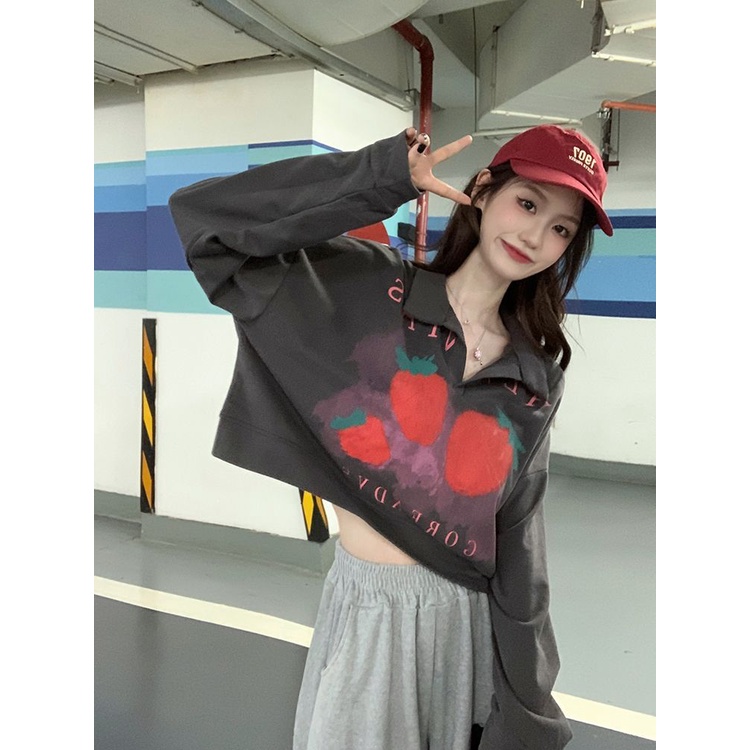 Nico##Strawberry PrintingpoloKerah Lengan Panjang Sweater Longgar Tipis Pendek Top