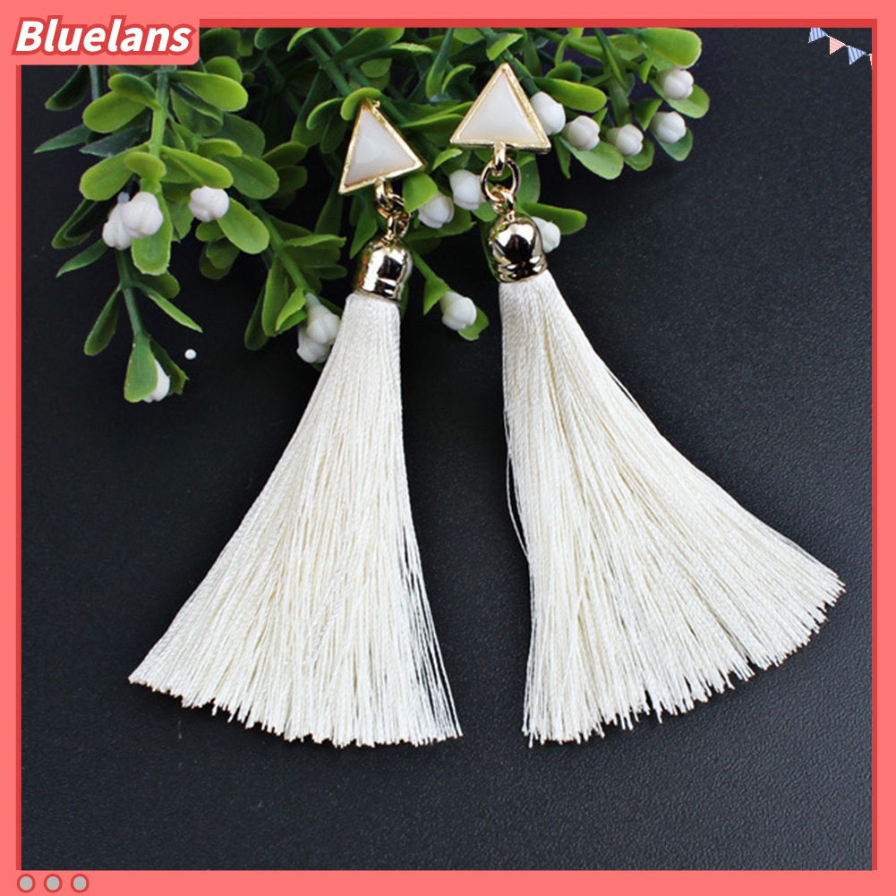 Anting Tindik Rumbai Panjang Bentuk Segitiga Geometris Gaya Bohemian Untuk Wanita