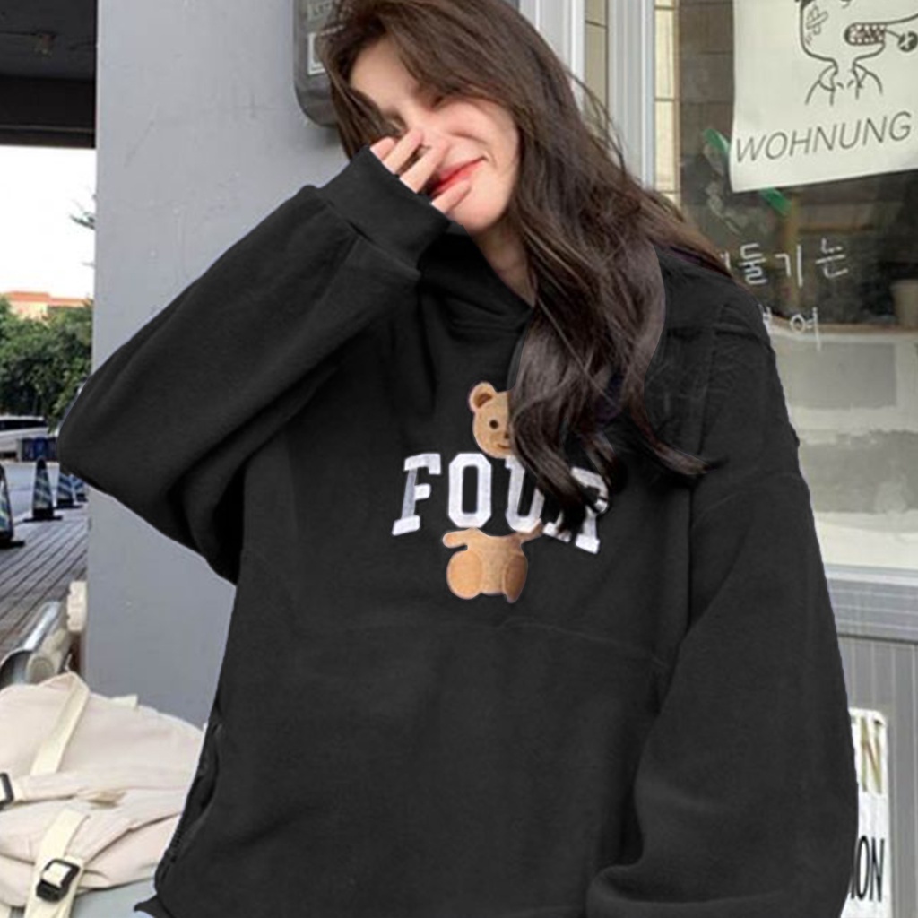 Hoodie Bear Four Oversize Pria Dan Wanita Terbaru Bahan Fleece Adem dan Lembut