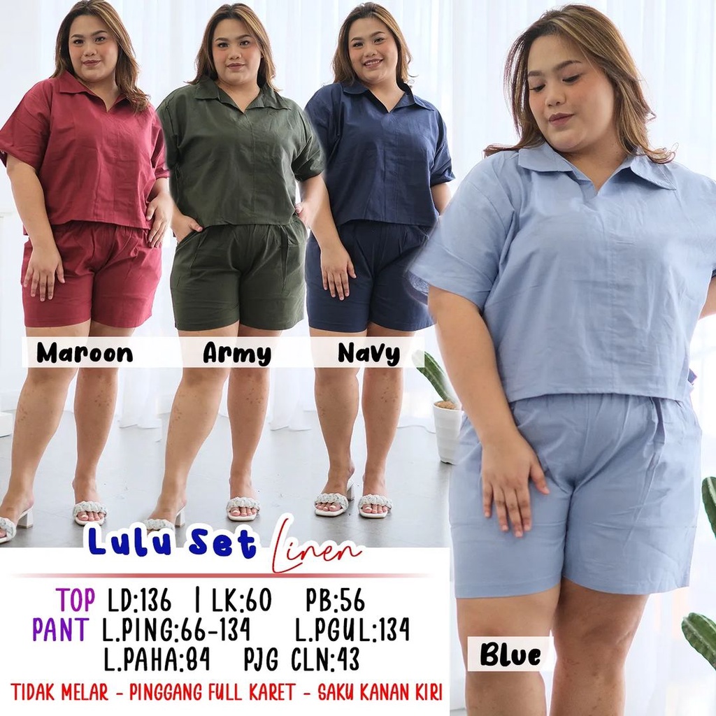 LULU SET SETELAN LINEN PENDEK WANITA BIGSIZE MURAH JUMBO