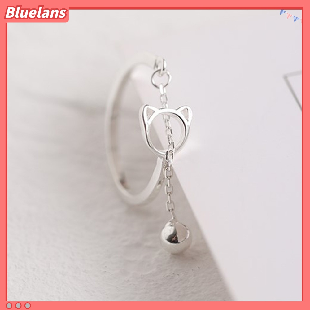 Bluelans Cincin Model Terbuka Desain Hewan Kucing Hollow Dengan Rantai Lonceng Untuk Wanita