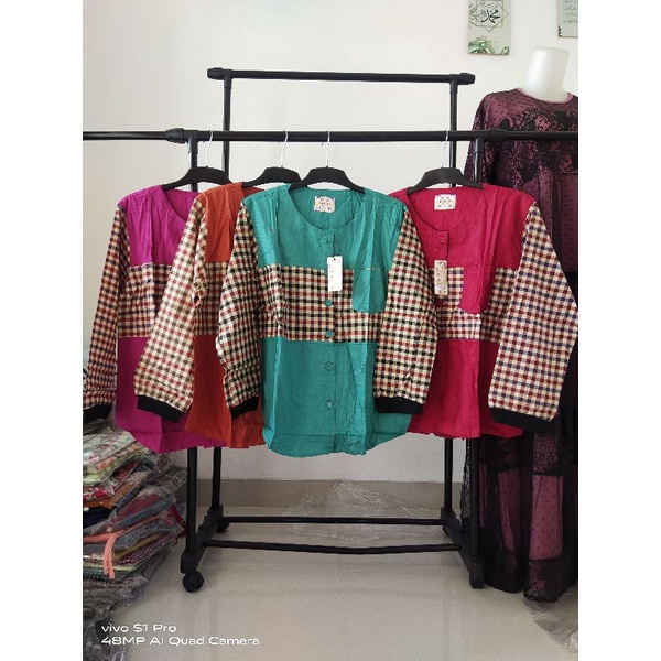 ATASAN Kemeja WANITA PREMIUM KOTAK Kombinasi Polos