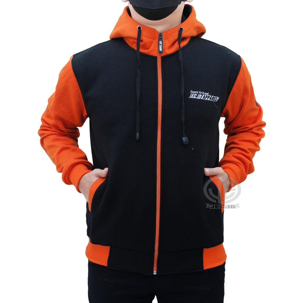 Jaket Sweater Hoodie Zipper Jec Apparel Premium Orange Hitam