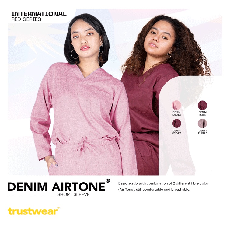 [DENIM COLLECTION] Doctor’s Scrub/Set Baju Celana Jaga  OKA OK Perawat/Dokter Lengan Panjang Red Series [Export]