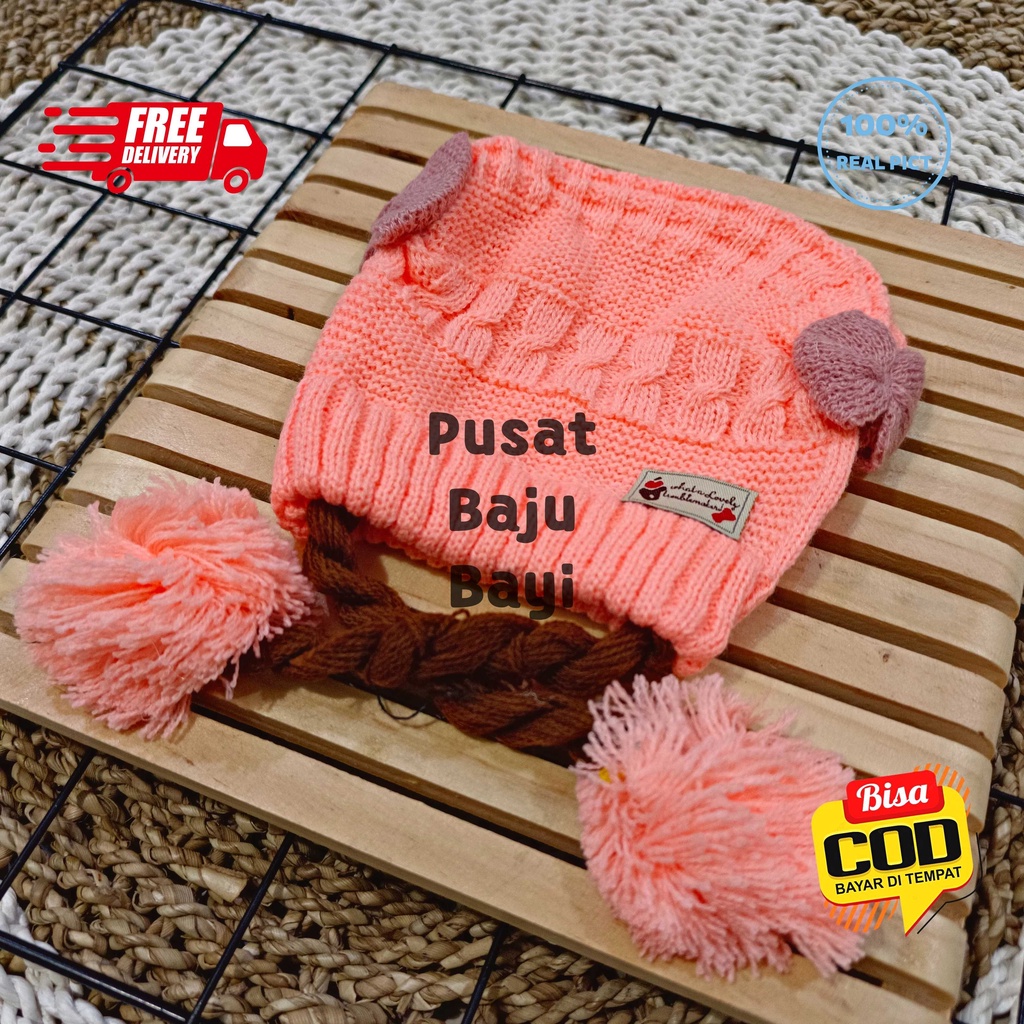 Topi Bayi Perempuan Premium Rajut Pompom Model Kepang / Topi Rajut Premium Baby Girl model Kepang Termurah