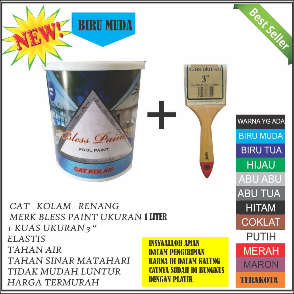 Cat kolam renang ikan koi anti bocor + -kuas 3 "  merk  Bless Paint Pool Pain 1liter untuk kolam