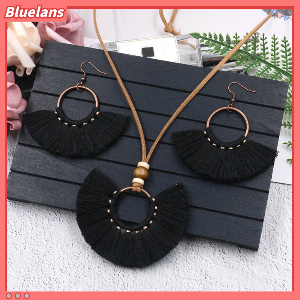 Set Perhiasan Kalung Tali Rumbai Liontin Bulat Gaya Bohemian Untuk Wanita